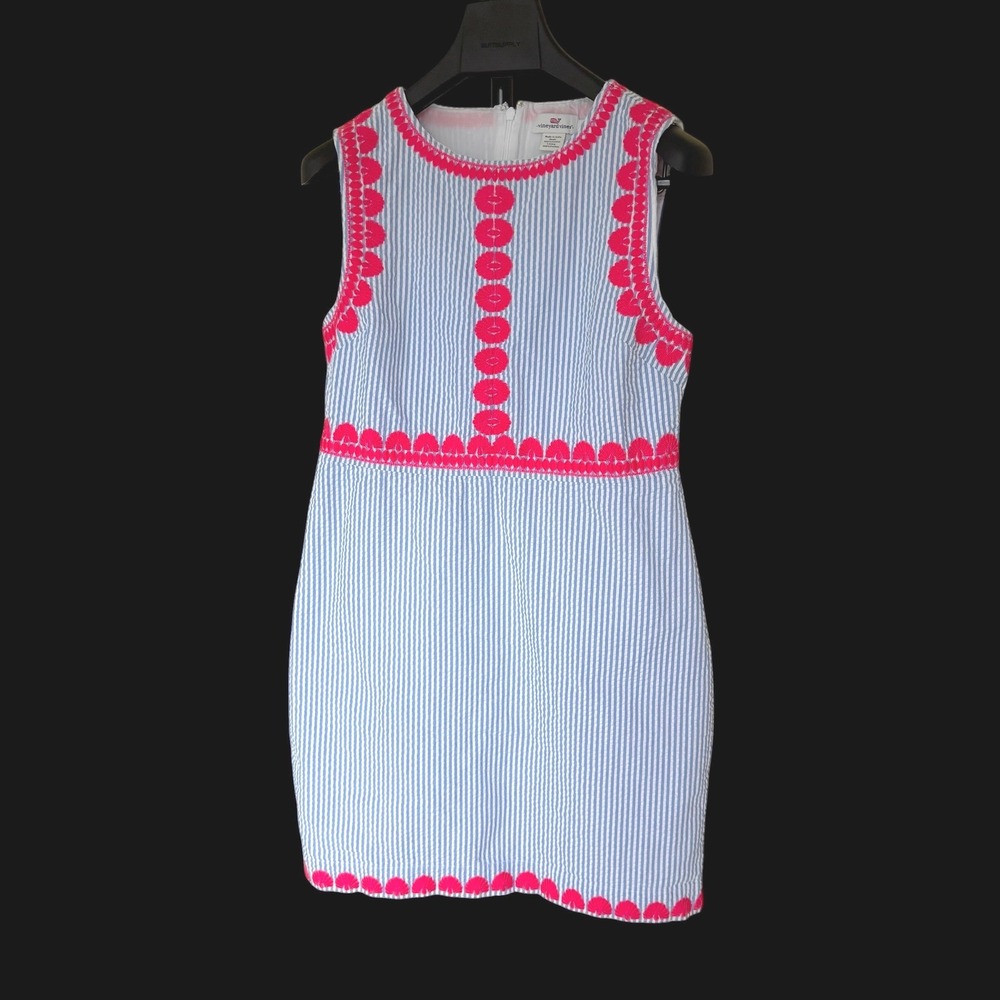 Vineyard Vines Blue White Seersucker Pink Embroidery Shift Dress 2Q010305 Size 8